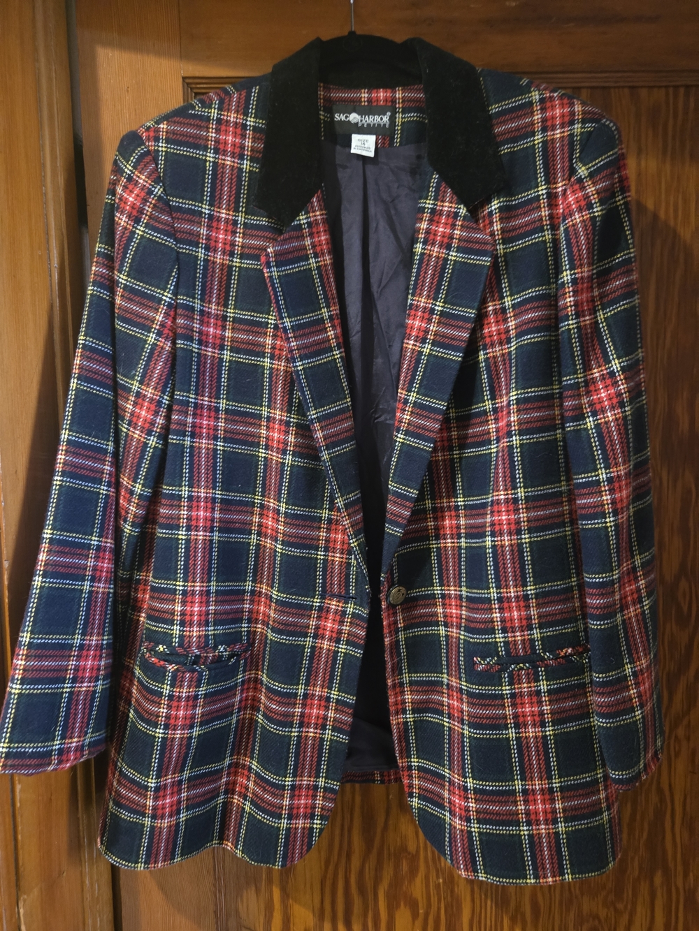 Blue Red Tartan Plaid Blazer with Black Velvet Collar